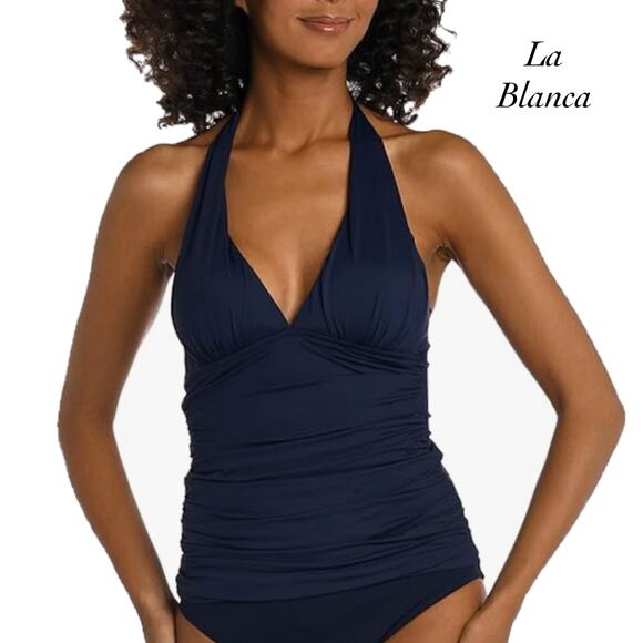 La Blanca Island Goddess Blue Padded Halter Tankini Swimsuit Top ONLY NWT Size 4 - Picture 1 of 11
